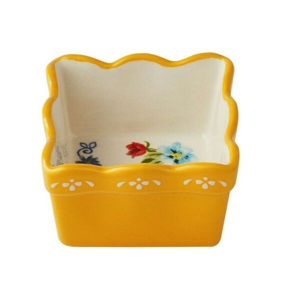 Pioneer Woman Floral Medley 4-Piece Condiment Stoneware Bowls Acacia Wood Tray - Picture 4 of 6